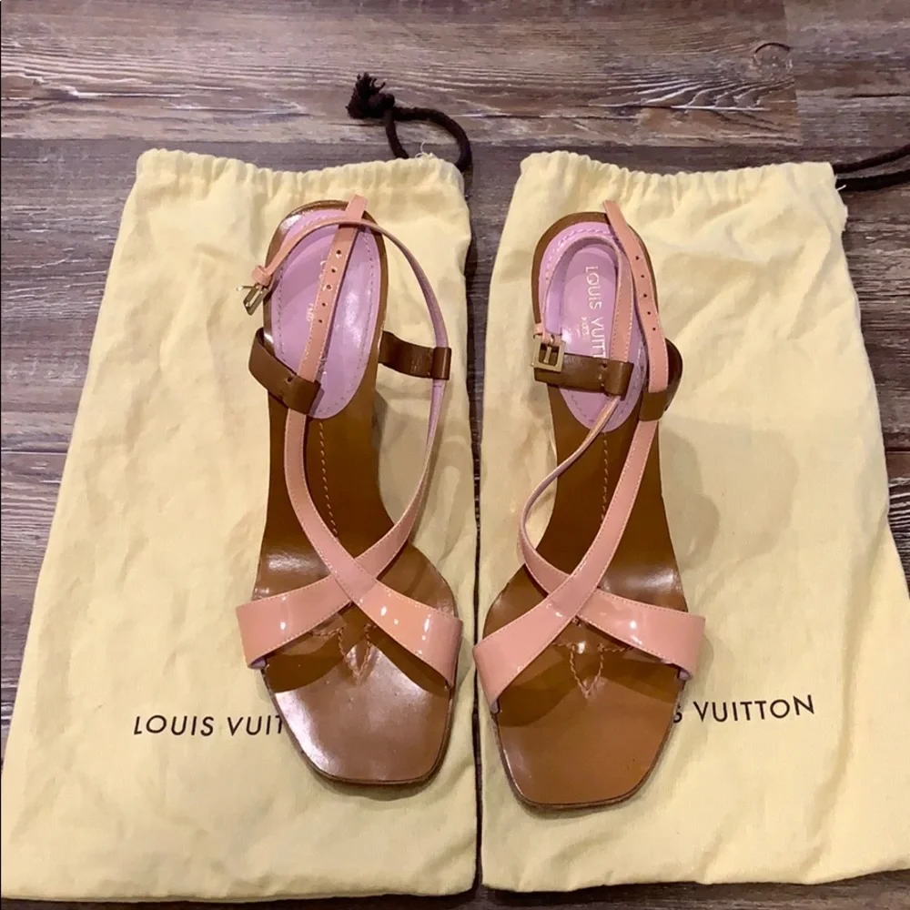 Louis Vuitton Pink and Brown Patent Leather Wedge Sandals